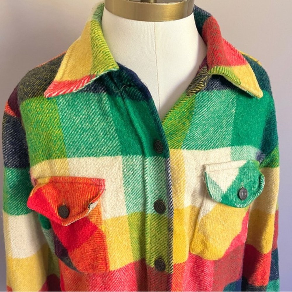 Vintage 70s HBC Coloured Plaid Wool Collared Bell Shirt Shacket - XS/S - Picture 3 of 8